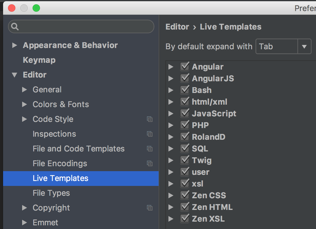 phpstorm live templates