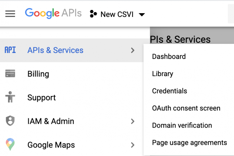 Google Dashboard to create API key for RO CSVI