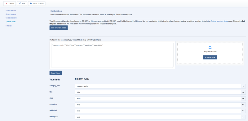 RO CSVI 9.8.0 Template Wizard Select Fields