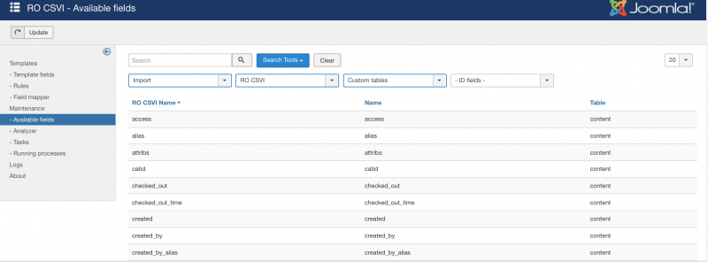 Custom tables import with RO CSVI - available field list