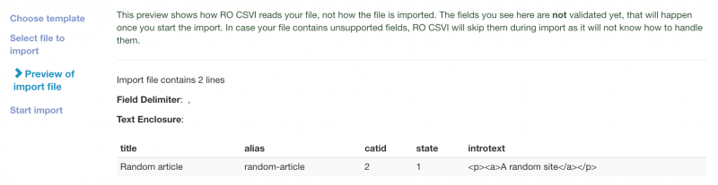 Custom tables import with RO CSVI - import preview