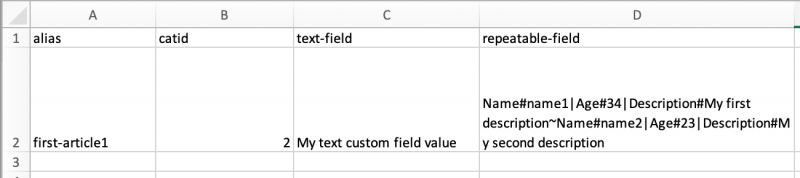 Joomla Custom fields export result