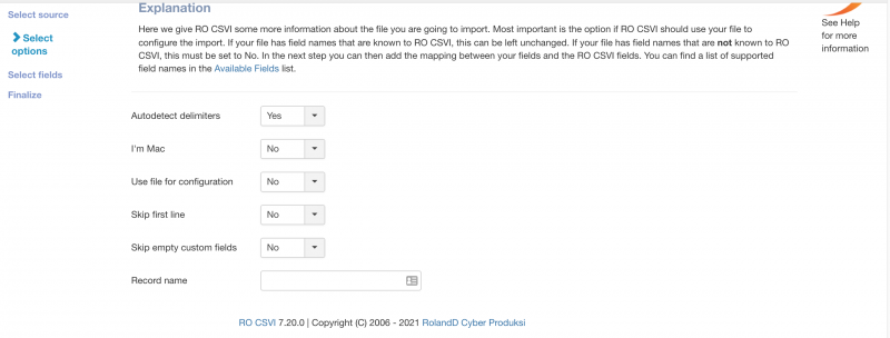 Import template options tab