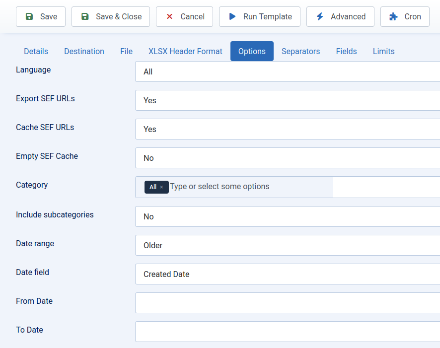 Export Template Joomla Content Options