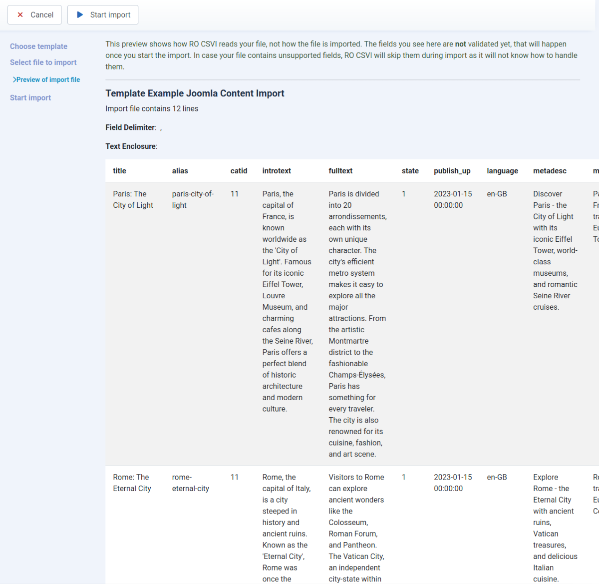 RO CSVI Import Preview