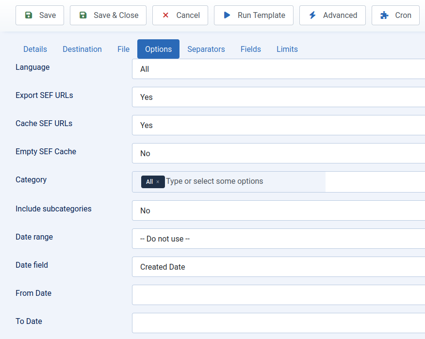RO CSVI Joomla Content Options Export