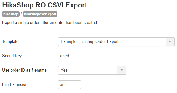 HikaShop RO CSVI Export plugin settings
