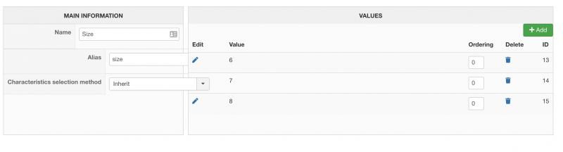 HikaShop Size Variant product characteristics