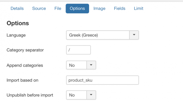 VirtueMart product import options tab