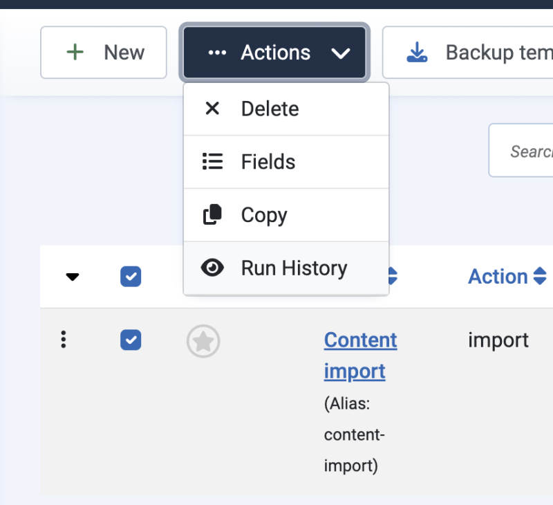 Shows the Run history option in the templates list