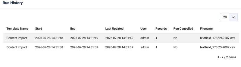 Modal showing the run history for a template