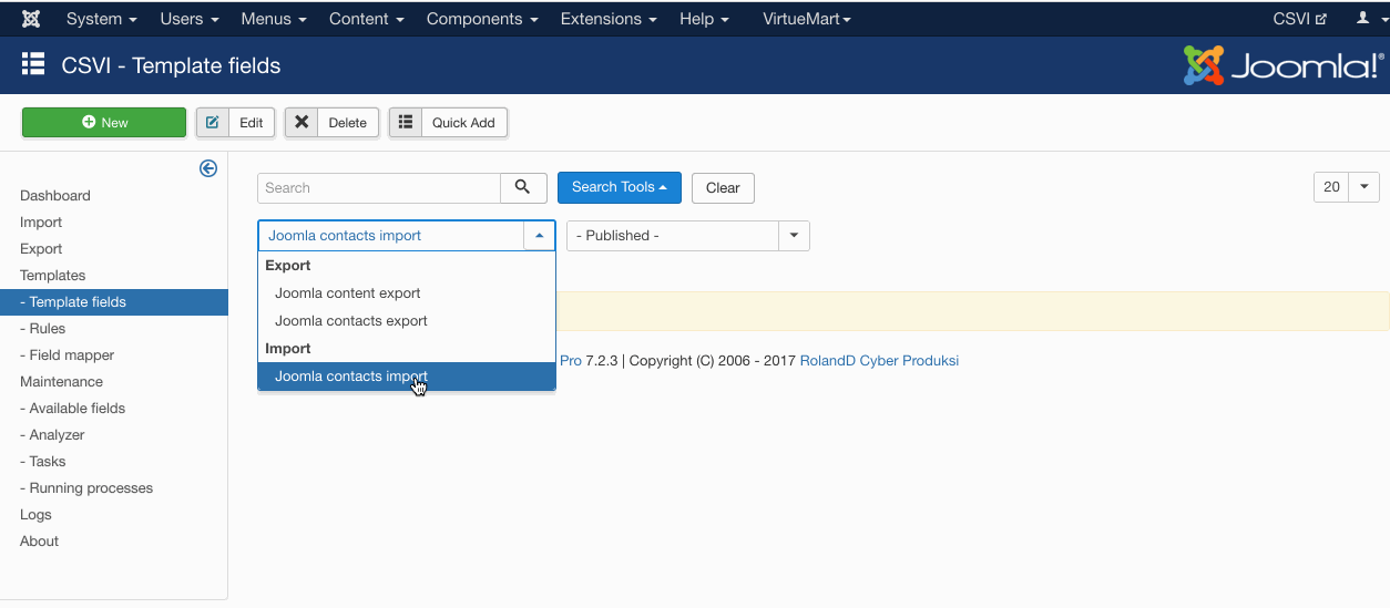 Joomla contact import create template fields