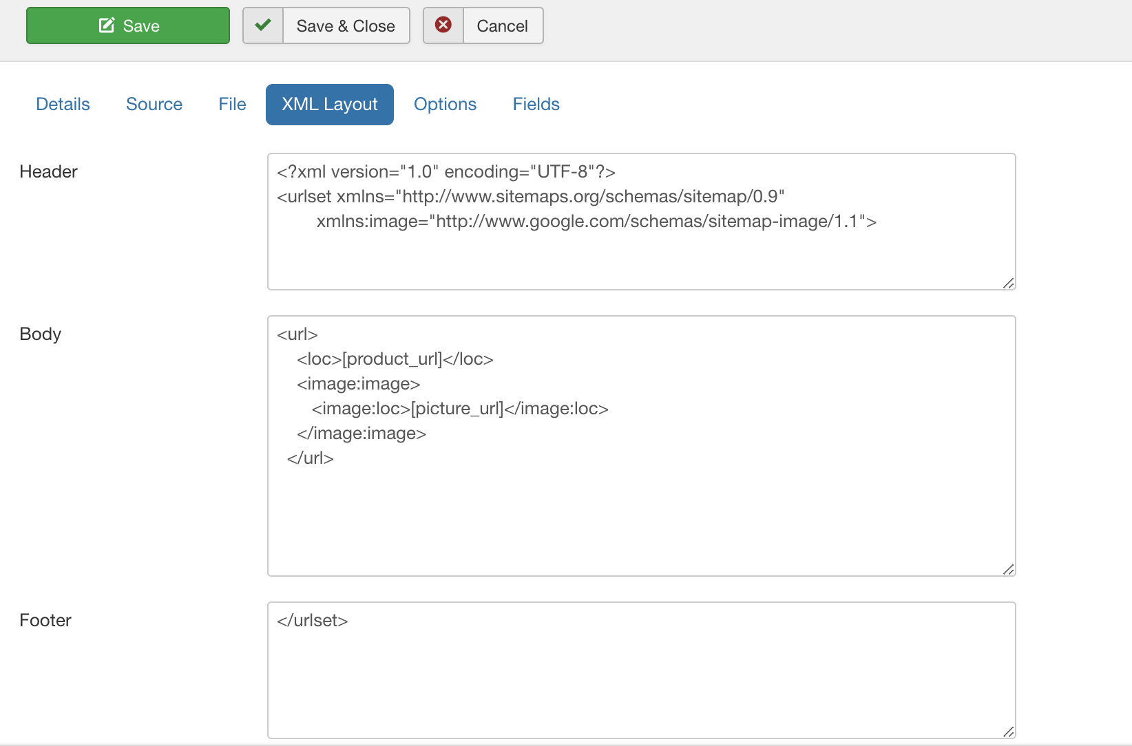 Google Sitemap XML layout