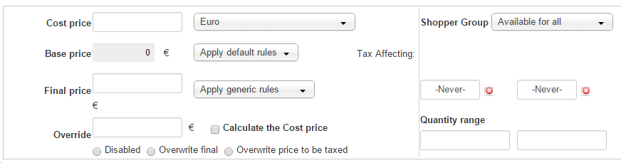 VirtueMart Product Pricing Fields